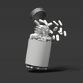 White pills spilling out of transparent bottle, 3d rendering. Royalty Free Stock Photo