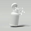 White pills spilling out of white bottle, 3d rendering. Royalty Free Stock Photo