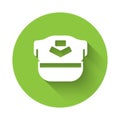 White Pilot hat icon isolated with long shadow. Green circle button. Vector