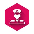 White Pilot icon isolated with long shadow background. Pink hexagon button. Vector