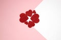 White and pink backgrounds on top of each other and red hearts at the junction. Valentine`s day concept. Place for text Royalty Free Stock Photo