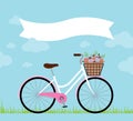 White and pink bicycle with a wicker basket with roses on a blue background with a white ribbon of an inscription