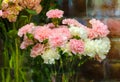 white and pink carnations close bouquet on showcase