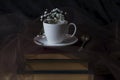 A white and pink colours porcelain tea cup and a spoon on three ancient books with gypsophila flowers in it, close up, dark colors Royalty Free Stock Photo