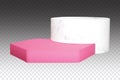 White and pink double podium composition. Vector marble pedestal with realistic stone texture. Graphic elements for
