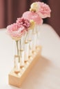 White and pink eustoma flowers in glass test tubes on a wooden stand Royalty Free Stock Photo