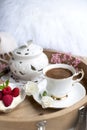 White and pink flowers. Breakfast in bed. Flavored coffee. Delicate light colors. Romance. Place for text. Royalty Free Stock Photo