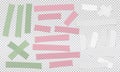 White, pink, green different size adhesive, sticky, masking, duct tape, paper pieces are on squared gray background Royalty Free Stock Photo