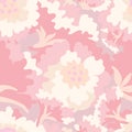 A white and pink large scale floral pattern, dreamlike illustration, soft tonal range, fluid