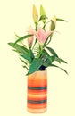 White and pink Lilium flowers, (Lily, lillies) bouquet, in a vibrant colored vase, floral arrangement, close up, isolated