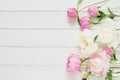 White and pink peonies flowers on white wooden background. Copy space, top view