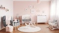 White and Pink Scandinavian Baby Room with Rocking Horse