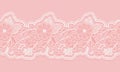 White and pink seamless lacy ribbon on pink background. Floral seamless border for design. Royalty Free Stock Photo