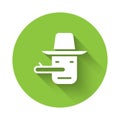 White Pinocchio icon isolated with long shadow. Green circle button. Vector