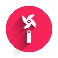 White Pinwheel toy icon isolated with long shadow background. Windmill toy icon. Red circle button. Vector Royalty Free Stock Photo