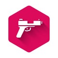 White Pistol or gun icon isolated with long shadow. Police or military handgun. Small firearm. Pink hexagon button