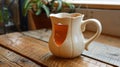 A white pitcher with a red liquid inside sitting on top of wood table, AI