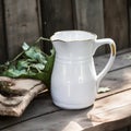 A white pitcher sitting on top of a wooden table. AI generative image Royalty Free Stock Photo