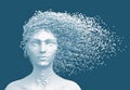 White Pixelated Head Of Woman And 3D Pixels As Hair On Blue Background