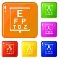 White placard with letters eyesight testing icons set vector color