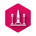 White Place De La Concorde in Paris, France icon isolated with long shadow. Pink hexagon button. Vector