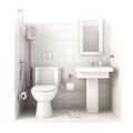 A white plain simple style bathroom with white tiles, white toilet, white ceramic sink, white square mirror