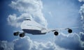 White plane flying in sky and clouds. Airplane boeing 747