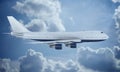 White plane flying in sky and clouds. Airplane boeing 747