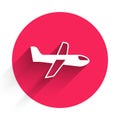 White Plane icon isolated with long shadow. Flying airplane icon. Airliner sign. Red circle button. Vector