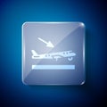 White Plane landing icon isolated on blue background. Airplane transport symbol. Square glass panels. Vector Royalty Free Stock Photo