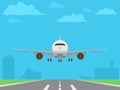 White plane landing on runway. Airport buildings Royalty Free Stock Photo