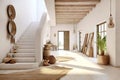 White plaster staircase and timber beams ceiling in farmhouse hallway. Rustic style interior design of entrance hall in country