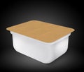 White plastic blank bank for food, oil, mayonnaise, margarine, cheese, ice cream, olives, pickles, sour cream with eco paper cover Royalty Free Stock Photo
