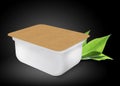 White plastic blank bank for food, oil, mayonnaise, margarine, cheese, ice cream, olives, pickles, sour cream with eco paper cover Royalty Free Stock Photo