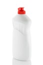 White plastic bottle with cap isolated on white background for liquid detergent laundry or cleaning agent. White bottle with red Royalty Free Stock Photo