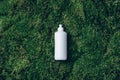 White plastic bottle of cleaning product, household chemicals or liquid laundry detergent on green grass, moss Royalty Free Stock Photo