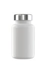 White Plastic Bottle for Pills Packing with Chrome Metallic Lid Isolated on White Background.