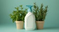 White Plastic Bottle with Pump Dispenser Between Two Green potted Herbs on Teal Background Royalty Free Stock Photo