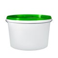 White plastic bucket isolated on white background. White plastic bucket without label with green lid. Mockup of label, brand and Royalty Free Stock Photo