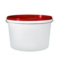 White plastic bucket isolated on white background. White plastic bucket without label with red lid. Mockup of label, brand and Royalty Free Stock Photo