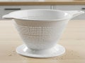 White plastic colander with handle on wooden surface Royalty Free Stock Photo