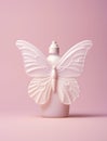 White plastic cosmetic bottle with a white butterfly on a pink background