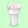 White plastic cup with pink ice cream or whipped milk with transparent cover isolated on light background. Mockup plastic cup