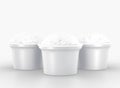 White plastic cups with ice cream balls, side view. Realistic mockup of paper buckets with vanilla sundae scoops or