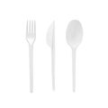 White plastic spoon, fork and knife isolated on white background. Royalty Free Stock Photo