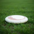 White plastic frisbee with red markings resting on green grass. Circular design features Royalty Free Stock Photo