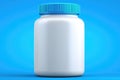 White plastic jar with blue cap on solid blue background Royalty Free Stock Photo
