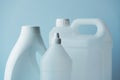 White plastic jerrycan and bottle canister for chemical liquids Royalty Free Stock Photo