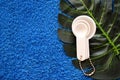 White plastic measuring spoons lie on a palm leaf on a blue cloth background Royalty Free Stock Photo