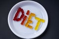 White plastic plate with text DIET from sweet jelly. Sweet fruit gummy bears.